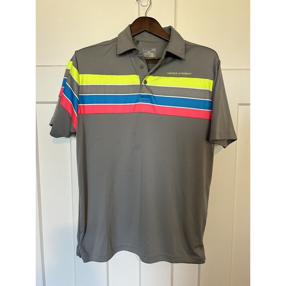 Under Armour Men's Golf Polo Size Large Gray Neon Stripe Heatgear